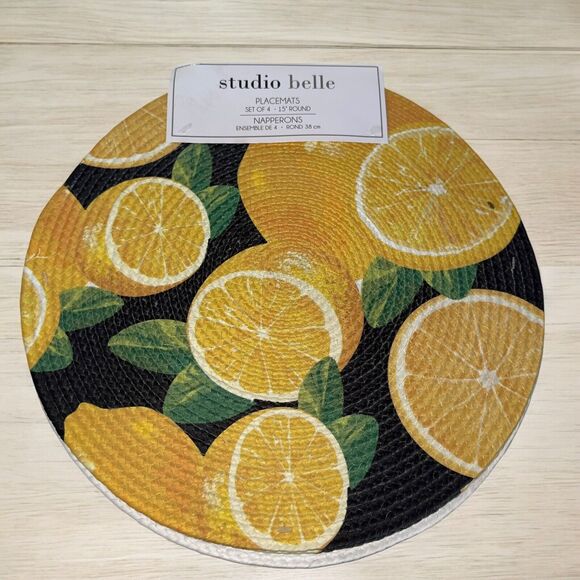 Round 15" Placemats Woven Lemon Table Farmhouse Country Decor Yellow Black x4 - Picture 7 of 7